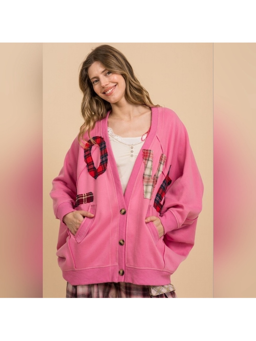 NWT Blue Velvet Oversized Button-Front Cardigan sweatshirt S/M patchwork Love